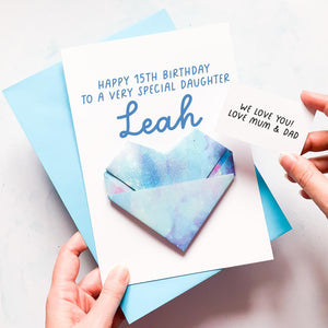 Daughter Birthday Card, Personalised Origami Heart Card, Handmade Keepsake Gift - 12th, 13th, 14th, 15th, 16th, 17th, 18th Birthday