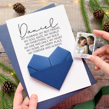 Load image into Gallery viewer, Personalised Husband Christmas Card: Handmade Keepsake Gift With Origami Heart and Photo