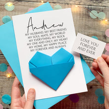 Load image into Gallery viewer, Personalised Husband Christmas Card: Handmade Keepsake Gift With Origami Heart and Hidden Message