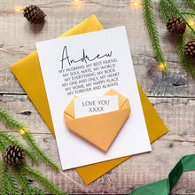Load image into Gallery viewer, Personalised Husband Christmas Card: Handmade Keepsake Gift With Origami Heart and Hidden Message