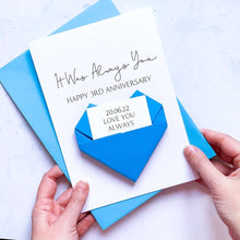 Load image into Gallery viewer, 3rd Anniversary Card, Origami Heart, Personalised Three Year Wedding Anniversary, Large Luxury Handmade Card, Keepsake Gift, Wife, Husband