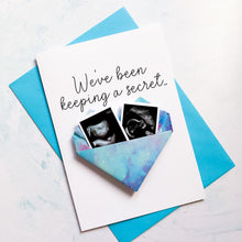 Load image into Gallery viewer, Personalised Pregnancy Reveal Card: Sonogram Ultrasound Origami Heart Keepsake