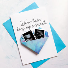 Load image into Gallery viewer, Personalised Pregnancy Reveal Card: Sonogram Ultrasound Origami Heart Keepsake