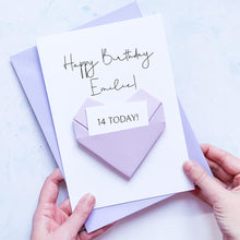 Load image into Gallery viewer, 14th Birthday Card, Origami Heart, Personalised Handmade Keepsake Gift, On Her Birthday, To Granddaughter, Sister, Daughter, Girl, Female