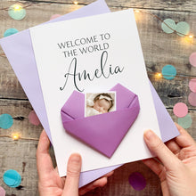 Load image into Gallery viewer, Welcome To The World New Baby Card: Handmade Origami Heart Keepsake Gift, Baby Boy