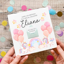 Load image into Gallery viewer, Daughter Birthday Card, Personalised Unicorn Birthday Card, For Little Girl, Cute Pink Card for Her, Birthday Gift, Any Age, Rainbow