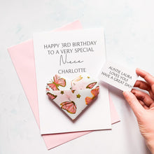 Load image into Gallery viewer, Personalised Niece Birthday Card, Butterfly Origami Heart, Handmade Keepsake Gift, On Her Birthday, Children's Birthday, Teenage Girl, Age