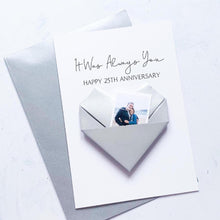 Load image into Gallery viewer, 25th Anniversary Card, Origami Heart Photo Card, Personalised Silver Wedding Anniversary, Large Handmade Keepsake Gift, For Wife, Husband
