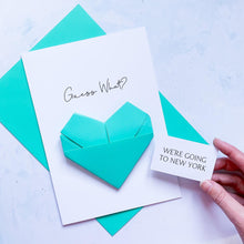 Load image into Gallery viewer, Surprise Holiday Card, Personalised Destination Reveal, Custom Handmade Keepsake Gift, Guess What, Going On Holiday Ticket, Origami Heart
