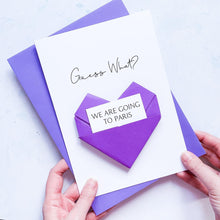 Load image into Gallery viewer, Surprise Holiday Card, Personalised Destination Reveal, Custom Handmade Keepsake Gift, Guess What, Going On Holiday Ticket, Origami Heart