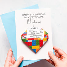 Load image into Gallery viewer, Personalised Nephew Birthday Card, Brick Theme Origami Heart, Handmade Keepsake Gift, On His Birthday, Children's Birthday, Teenage Boy, Age