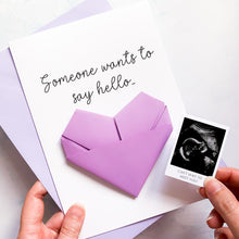 Load image into Gallery viewer, Personalised Pregnancy Reveal Card: Sonogram Ultrasound Photo, Origami Heart