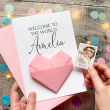 Load image into Gallery viewer, Welcome To The World New Baby Card: Handmade Origami Heart Keepsake Gift, Baby Girl