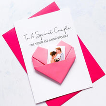 Load image into Gallery viewer, Special Couple Anniversary Card, Origami Heart Photo Card, Personalised Wedding Anniversary, Handmade Keepsake Gift, Daughter, Son In Law