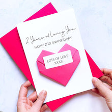 Load image into Gallery viewer, 2nd Anniversary Card, 2 Years of Loving You, Origami Heart, Personalised Handmade Keepsake Gift, Wife, Husband, Wife, Boyfriend, Girlfriend