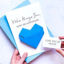 Load image into Gallery viewer, 3rd Anniversary Card, Origami Heart, Personalised Three Year Wedding Anniversary, Large Luxury Handmade Card, Keepsake Gift, Wife, Husband