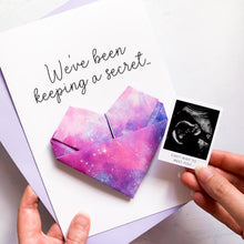 Load image into Gallery viewer, Personalised Pregnancy Reveal Card: Sonogram Ultrasound Origami Heart Keepsake