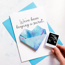 Load image into Gallery viewer, Personalised Pregnancy Reveal Card: Sonogram Ultrasound Origami Heart Keepsake