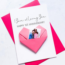 Load image into Gallery viewer, 1st Anniversary Card, Origami Heart Photo Card, Personalised Years of Loving You Anniversary, Handmade Keepsake Gift, Girlfriend, Boyfriend
