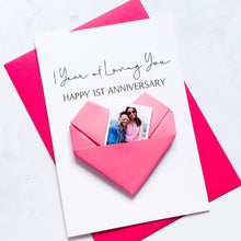 Load image into Gallery viewer, 1st Anniversary Card, Origami Heart Photo Card, Personalised Years of Loving You Anniversary, Handmade Keepsake Gift, Girlfriend, Boyfriend