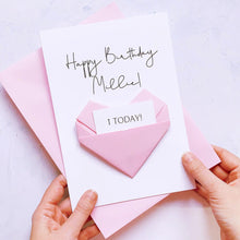Load image into Gallery viewer, 1st Birthday Card, Origami Heart, Personalised Handmade Keepsake Gift, On Her First Birthday, To Granddaughter, Daughter, Niece, Little Girl