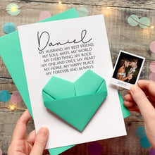 Load image into Gallery viewer, Personalised Husband Anniversary Card: Handmade Keepsake Gift With Origami Heart and Photo
