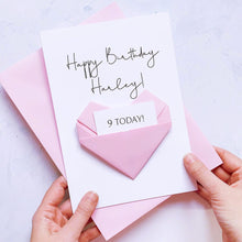 Load image into Gallery viewer, 9th Birthday Card, Origami Heart, Personalised Handmade Keepsake Gift, On Her Ninth Birthday, To Granddaughter, Daughter, Niece, Little Girl