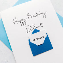 Load image into Gallery viewer, 14th Birthday Card, 14 Year Old, Personalised, Any Name, Birthday Card for boy, cute birthday card, handmade card, 3D Card, son Birthday