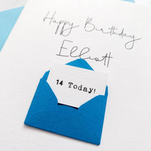 Load image into Gallery viewer, 14th Birthday Card, 14 Year Old, Personalised, Any Name, Birthday Card for boy, cute birthday card, handmade card, 3D Card, son Birthday