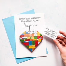 Load image into Gallery viewer, Personalised Nephew Birthday Card, Brick Theme Origami Heart, Handmade Keepsake Gift, On His Birthday, Children's Birthday, Teenage Boy, Age