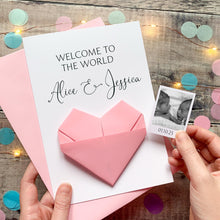 Load image into Gallery viewer, Welcome to the World Twins Card: Handmade Origami Heart Keepsake