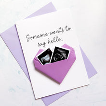 Load image into Gallery viewer, Personalised Pregnancy Reveal Card: Sonogram Ultrasound Photo, Origami Heart