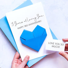 Load image into Gallery viewer, 3rd Anniversary Card, 3 Years of Loving You, Origami Heart, Personalised Handmade Keepsake Gift, Wife, Husband, Wife, Boyfriend, Girlfriend