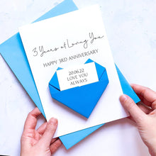 Load image into Gallery viewer, 3rd Anniversary Card, 3 Years of Loving You, Origami Heart, Personalised Handmade Keepsake Gift, Wife, Husband, Wife, Boyfriend, Girlfriend