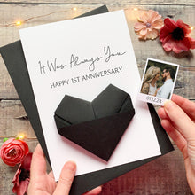 Load image into Gallery viewer, Personalised 1st Anniversary Origami Heart Card - Keepsake Gift for Husband or Wife