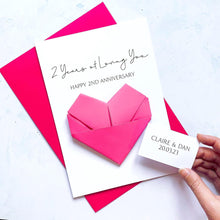 Load image into Gallery viewer, 2nd Anniversary Card, 2 Years of Loving You, Origami Heart, Personalised Handmade Keepsake Gift, Wife, Husband, Wife, Boyfriend, Girlfriend