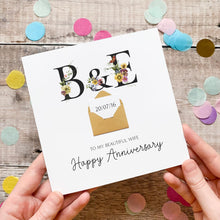 Load image into Gallery viewer, Personalised Wife Anniversary Card, To My Beautiful Wife, Floral Keepsake Gift, Wedding Date, Handmade Mini Envelope, Secret Message Reveal