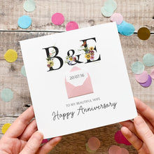 Load image into Gallery viewer, Personalised Wife Anniversary Card, To My Beautiful Wife, Floral Keepsake Gift, Wedding Date, Handmade Mini Envelope, Secret Message Reveal