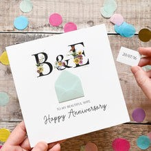 Load image into Gallery viewer, Personalised Wife Anniversary Card, To My Beautiful Wife, Floral Keepsake Gift, Wedding Date, Handmade Mini Envelope, Secret Message Reveal