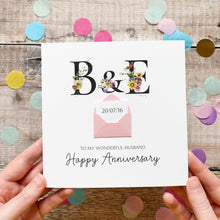 Load image into Gallery viewer, Personalised Husband Anniversary Card, To My Wonderful Husband, Floral Keepsake Gift, Wedding Date, Handmade Mini Envelope, Secret Message