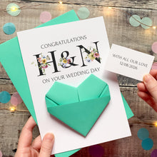 Load image into Gallery viewer, Personalised Wedding Day Card, Origami Heart Hidden Message, Floral Initials, Congratulations Card, Special Couple, Handmade Custom Keepsake