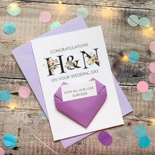 Load image into Gallery viewer, Personalised Wedding Day Card, Origami Heart Hidden Message, Floral Initials, Congratulations Card, Special Couple, Handmade Custom Keepsake