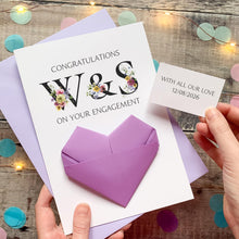 Load image into Gallery viewer, Personalised Engagement Card, Origami Heart Hidden Message, Floral Initials, Congratulations Card, Special Couple, Handmade Custom Keepsake