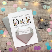 Load image into Gallery viewer, Personalised 1st Wedding Anniversary Card For A Special Couple, Origami Heart Hidden Message, Floral Initials, Handmade Custom Keepsake