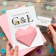 Load image into Gallery viewer, Personalised Wedding Day Card For Bride, Wife To Be, Origami Heart Hidden Message, See You At The Altar, Handmade Custom Keepsake