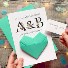 Load image into Gallery viewer, Personalised Wedding Anniversary Card For Husband, Origami Heart Hidden Message, Floral Initials, Handmade Custom Keepsake