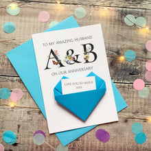 Load image into Gallery viewer, Personalised Wedding Anniversary Card For Husband, Origami Heart Hidden Message, Floral Initials, Handmade Custom Keepsake