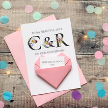 Load image into Gallery viewer, Personalised Wedding Anniversary Card For Wife, Origami Heart Hidden Message, Floral Initials, Handmade Custom Keepsake