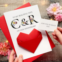 Load image into Gallery viewer, Personalised Wedding Anniversary Card For Wife, Origami Heart Hidden Message, Floral Initials, Handmade Custom Keepsake