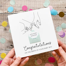 Load image into Gallery viewer, Personalised New Baby Card, New Baby Boy, Welcome to The World, Congratulations New Parents, Personalised Gift, Baby and Parent Hands Design